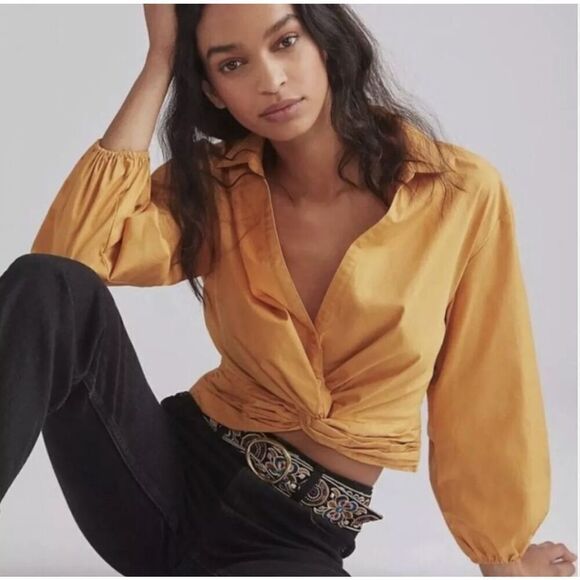 NWT Anthropologie Sunday in Brooklyn Twist Cropped Shirt Blouse Gold Size Small - Picture 1 of 11